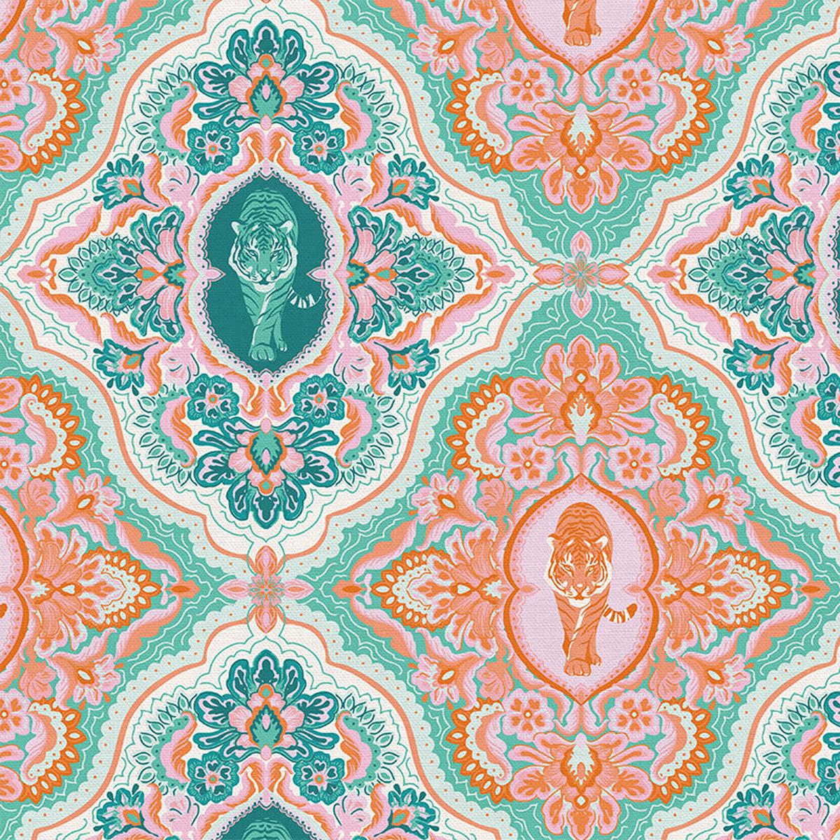 Damask Jungle Cats - Teal/Orange - Quilting Cotton