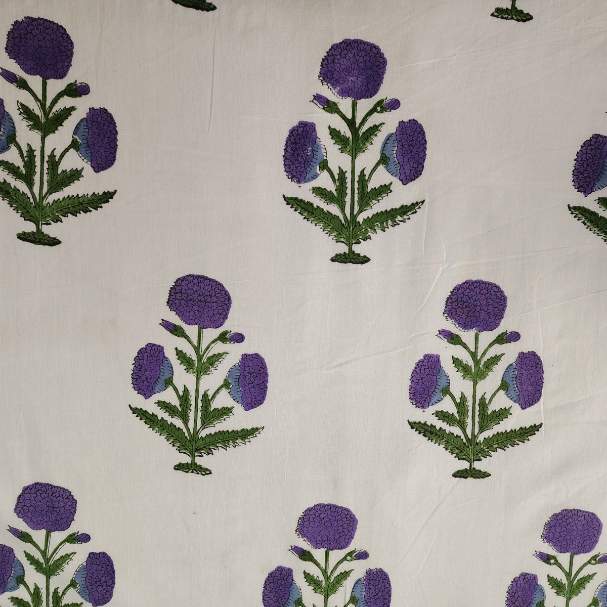 (Pre-Cut 1 Meter) Pure Cotton Jaipuri White With Purple Mughal Motif Hand Block Print Fabric