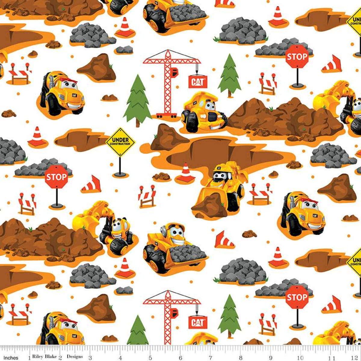 CAT Building Crew Main Construction Equipment White Riley Blake Cotton Fabric